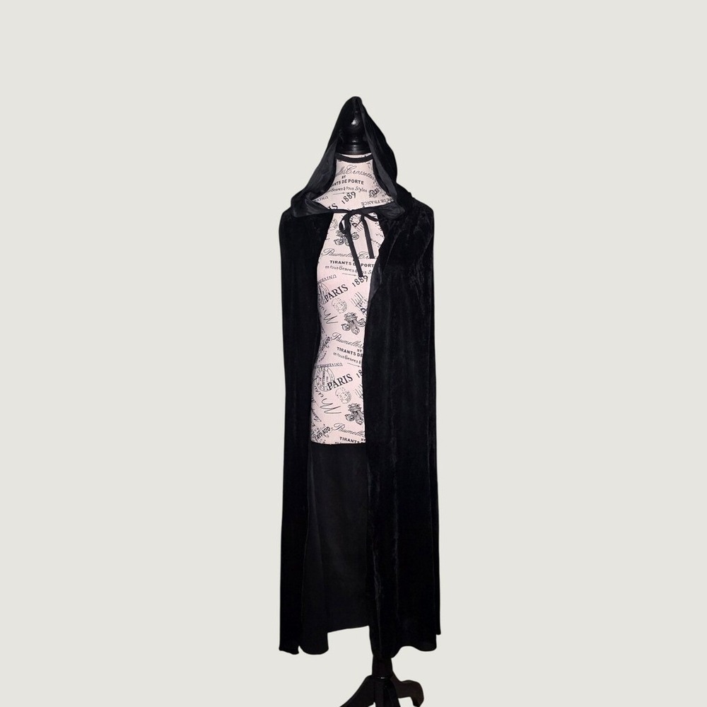 Black Velvet-Look Hooded Cloak Cape Whimsigoth Witch Ren Faire 47in